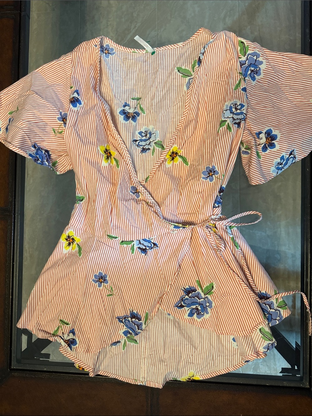My Story Coral-Striped Button Front Top